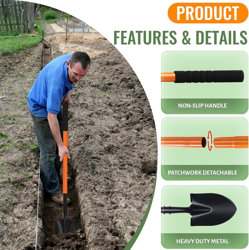 ABtool Small Shovels for Digging, Garden Spade Shovel Beach Shovels with 43.3in Handle,Heavy Duty Portable Metal Shovel for Gardening Camping Trenching Digging Landscaping,Off-Road Use, Orange - Image 2